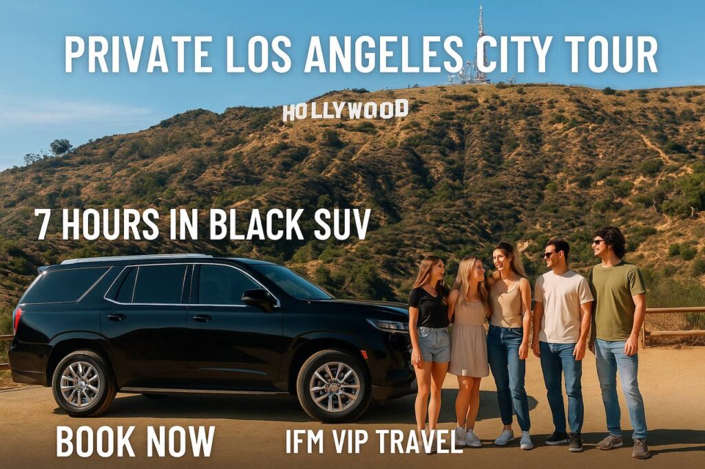 A group of young travelers standing next to a black SUV under the Hollywood Sign, promoting a private 7-hour Los Angeles city tour.